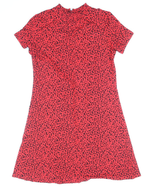 Marks and Spencer Womens Red Animal Print Viscose Shift Size 10 Round Neck Button - Leopard Print
