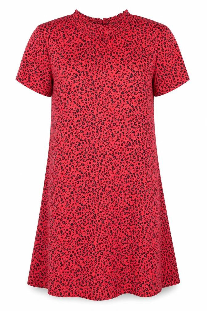 Marks & Spencer Womens Red Animal Print Viscose Shift Size 10 Round Neck Button - Leopard Print