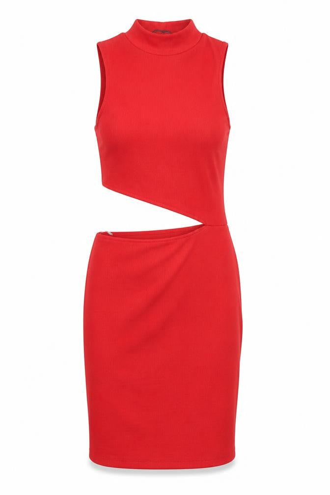 Pull&Bear Womens Red Polyester Bodycon Size S High Neck Pullover - Ribbed Cut Out Detail