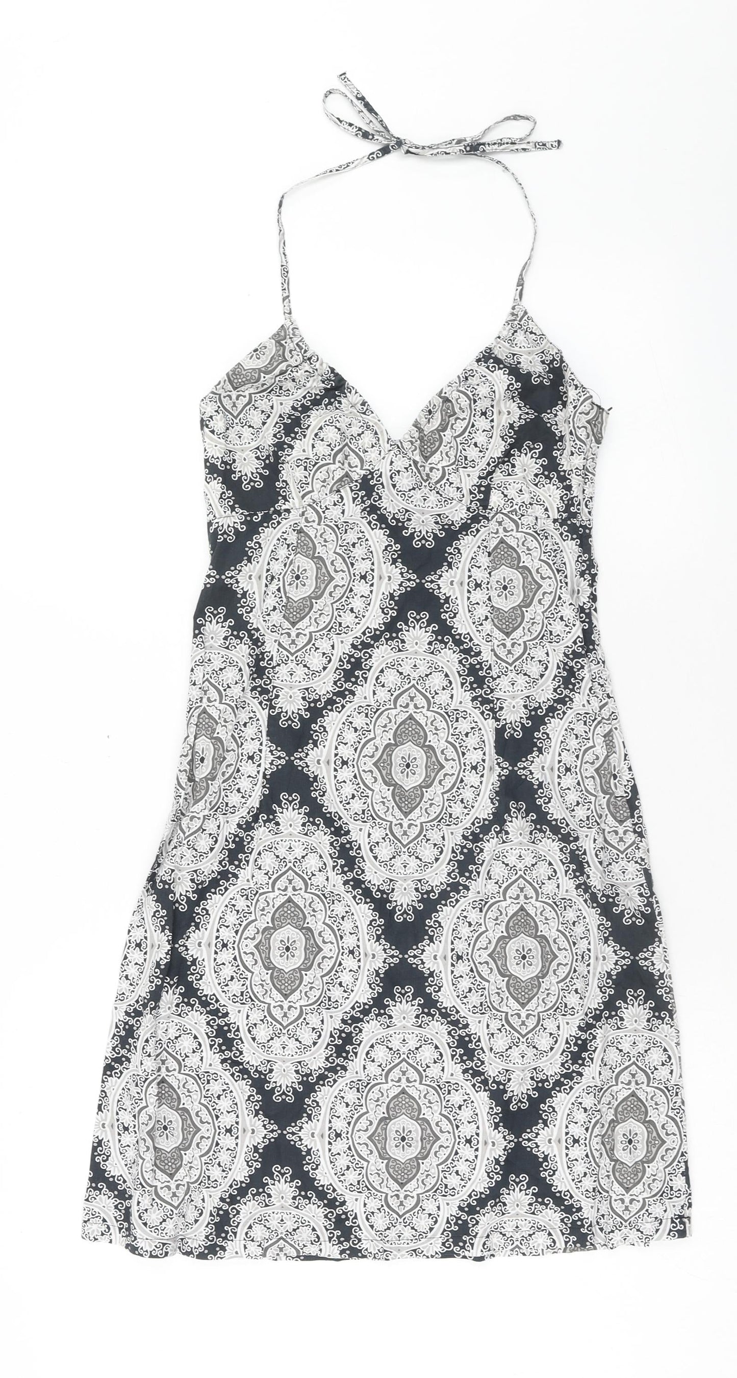 H&M Womens Blue Geometric Cotton A-Line Size 8 Halter Zip