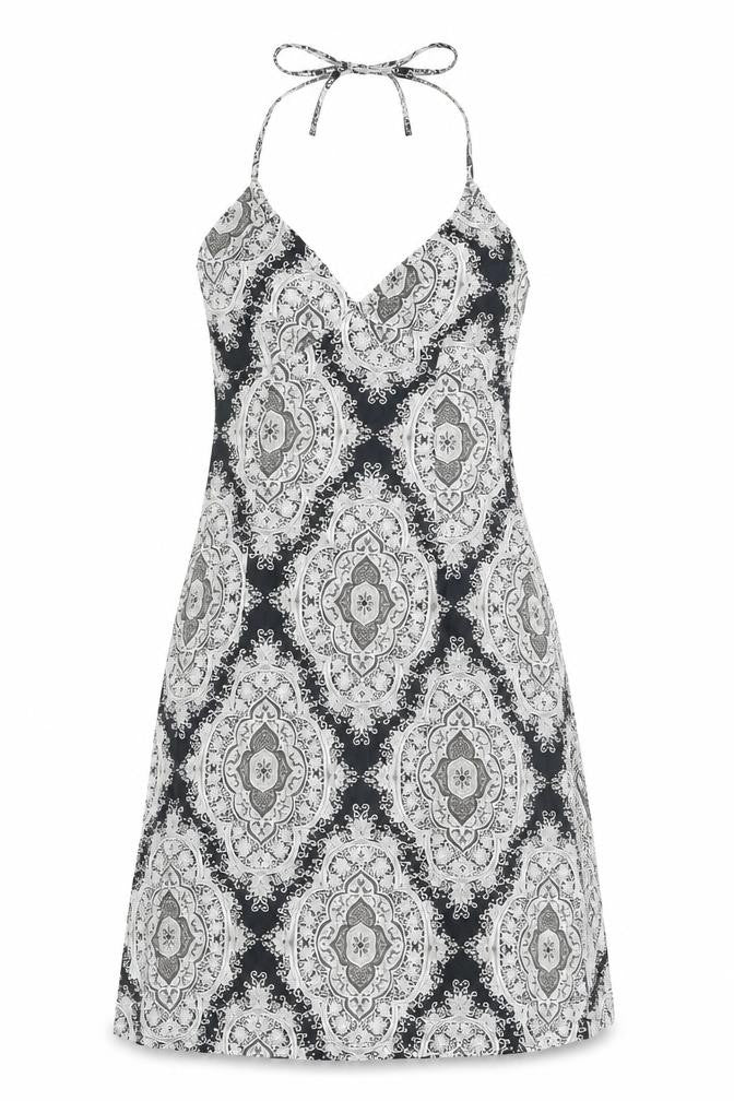 H&M Womens Blue Geometric Cotton A-Line Size 8 Halter Zip