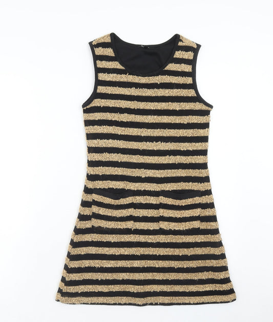 Monteau Womens Brown Striped Polyester A-Line Size S Scoop Neck Pullover