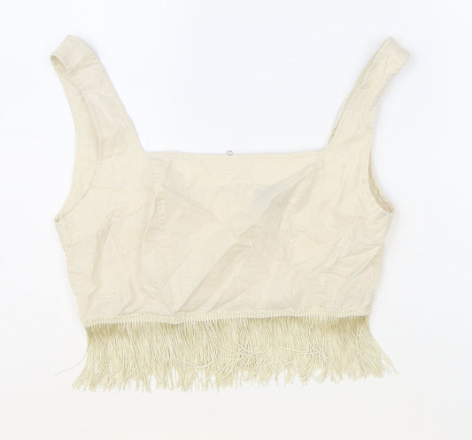 PRETTYLITTLETHING Womens Beige 100% Cotton Cropped Tank Size 10 Square Neck - Fringe Hem