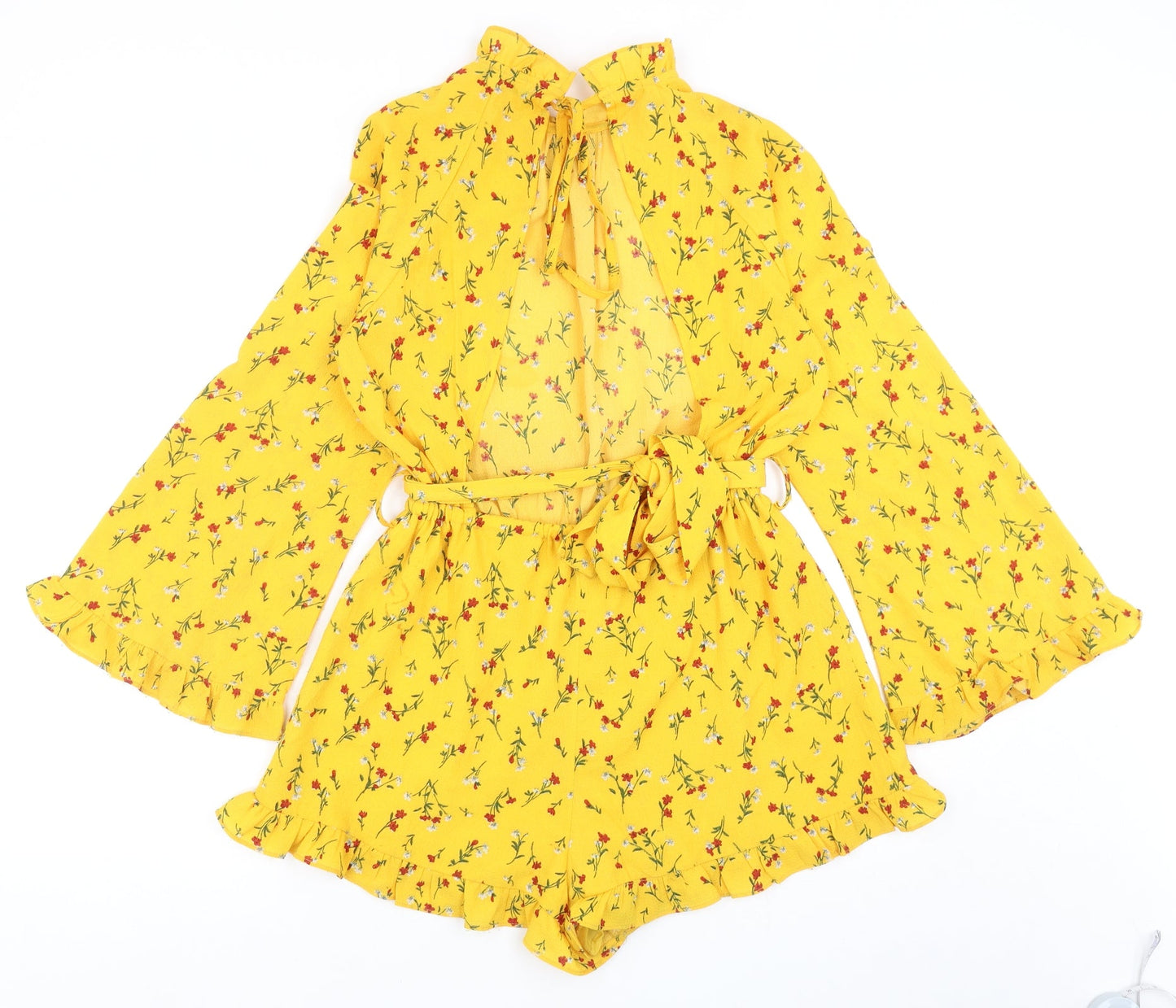 Eight Womens Yellow Floral Polyester Playsuit One-Piece Size S Tie