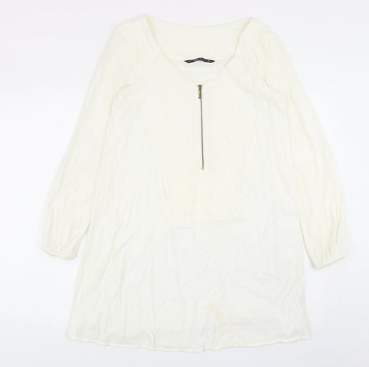 Zara Womens White Viscose Mini Size S V-Neck Zip