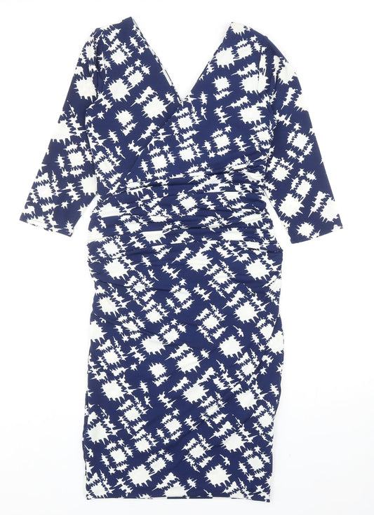 JDC Womens Blue Geometric Viscose A-Line Size 10 V-Neck Pullover