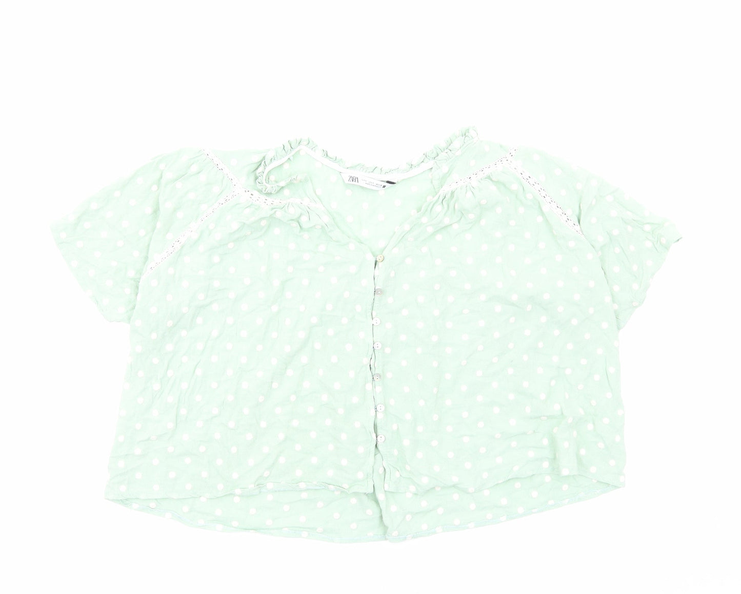 Zara Womens Green Polka Dot Viscose Cropped Button-Up Size S V-Neck