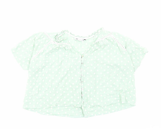 Zara Womens Green Polka Dot Viscose Cropped Button-Up Size S V-Neck