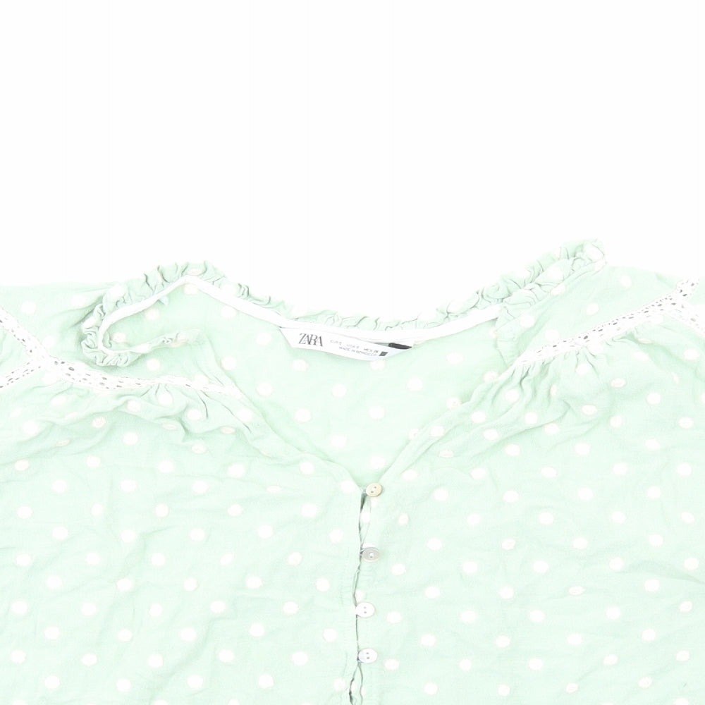 Zara Womens Green Polka Dot Viscose Cropped Button-Up Size S V-Neck
