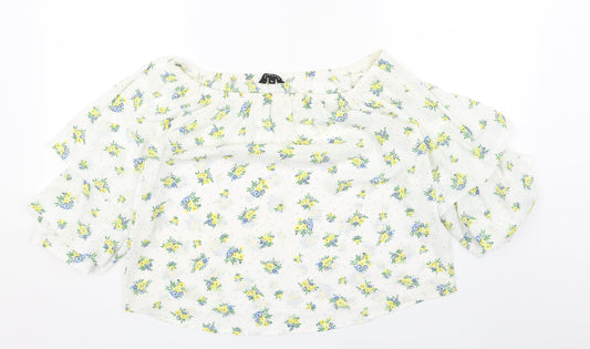 Peacocks Womens White Geometric Polyester Basic T-Shirt Size 10 Round Neck