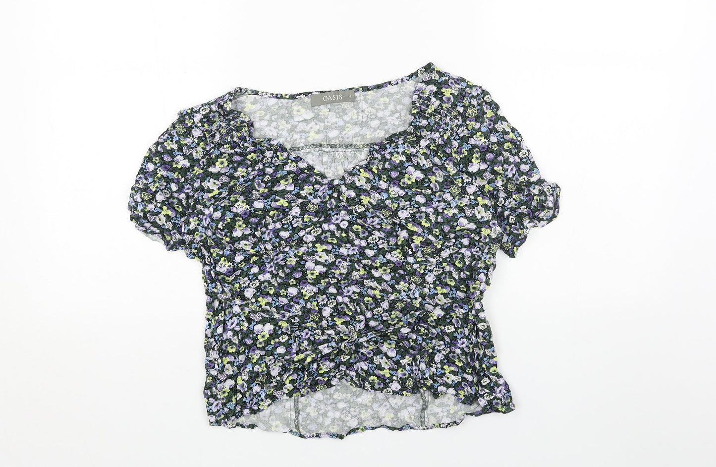Oasis Womens Green Floral Viscose Basic T-Shirt Size 12 V-Neck