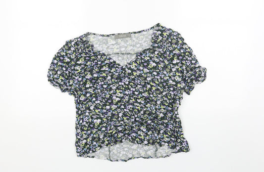 Oasis Womens Green Floral Viscose Basic T-Shirt Size 12 V-Neck