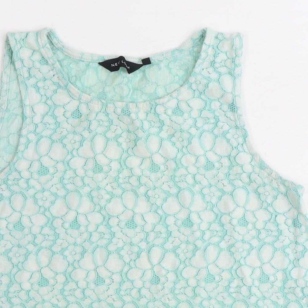 New Look Womens Green Floral Nylon Basic Tank Size 8 Boat Neck
