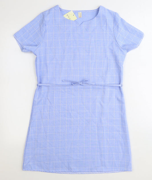 Huimei Womens Blue Plaid Polyester A-Line Size 12 Round Neck Pullover