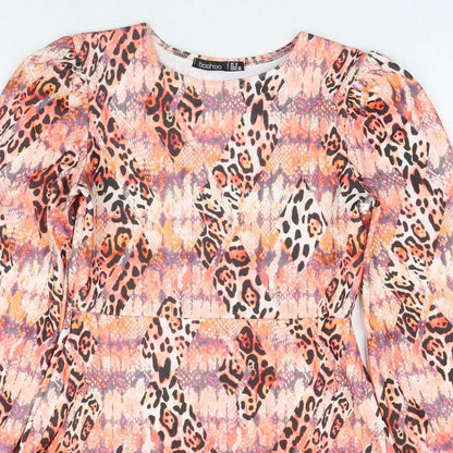 Boohoo Womens Orange Geometric Polyester A-Line Size 10 Round Neck