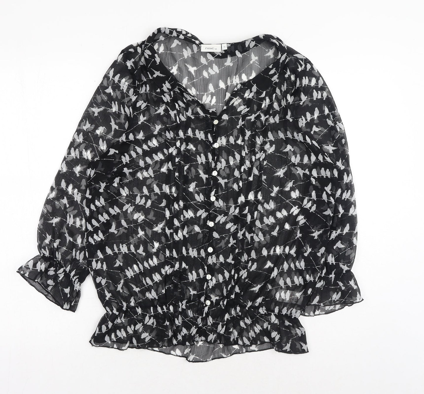 NEXT Womens Black Geometric Polyester Basic Button-Up Size 10 V-Neck - Bird Pattern