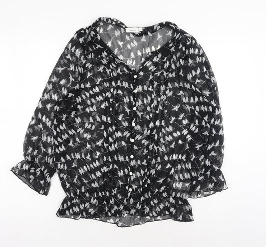 NEXT Womens Black Geometric Polyester Basic Button-Up Size 10 V-Neck - Bird Pattern