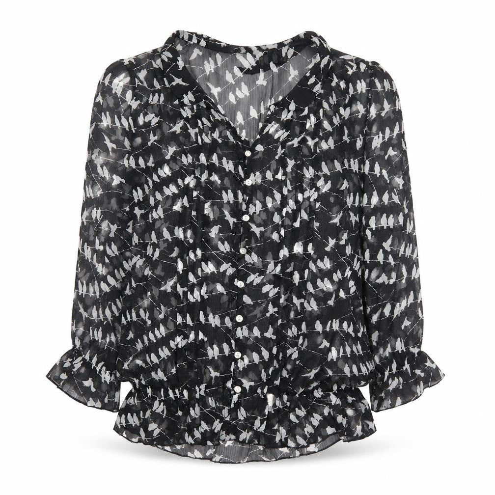 NEXT Womens Black Geometric Polyester Basic Button-Up Size 10 V-Neck - Bird Pattern