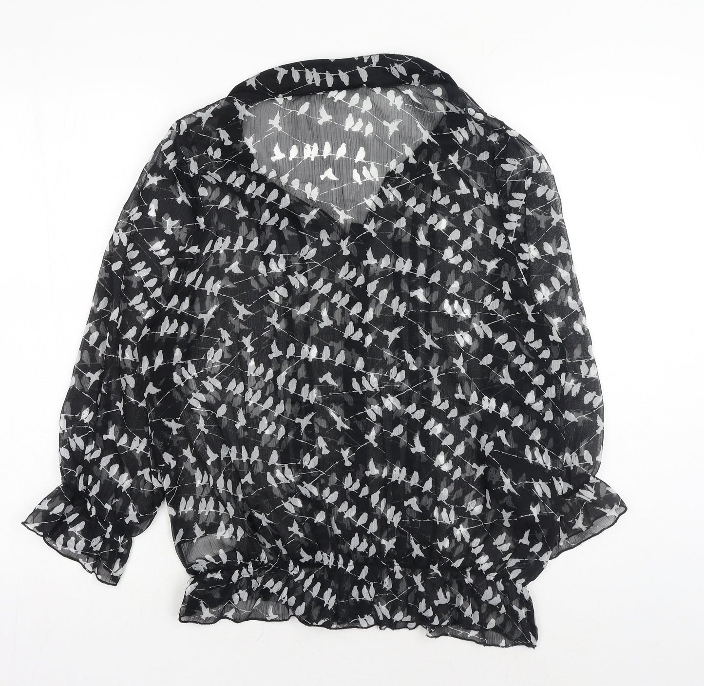 NEXT Womens Black Geometric Polyester Basic Button-Up Size 10 V-Neck - Bird Pattern