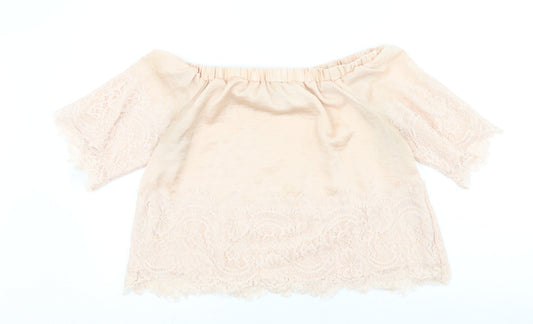 Very Petite Womens Pink Viscose Cropped Blouse Size 12 Boat Neck - Lace Detail