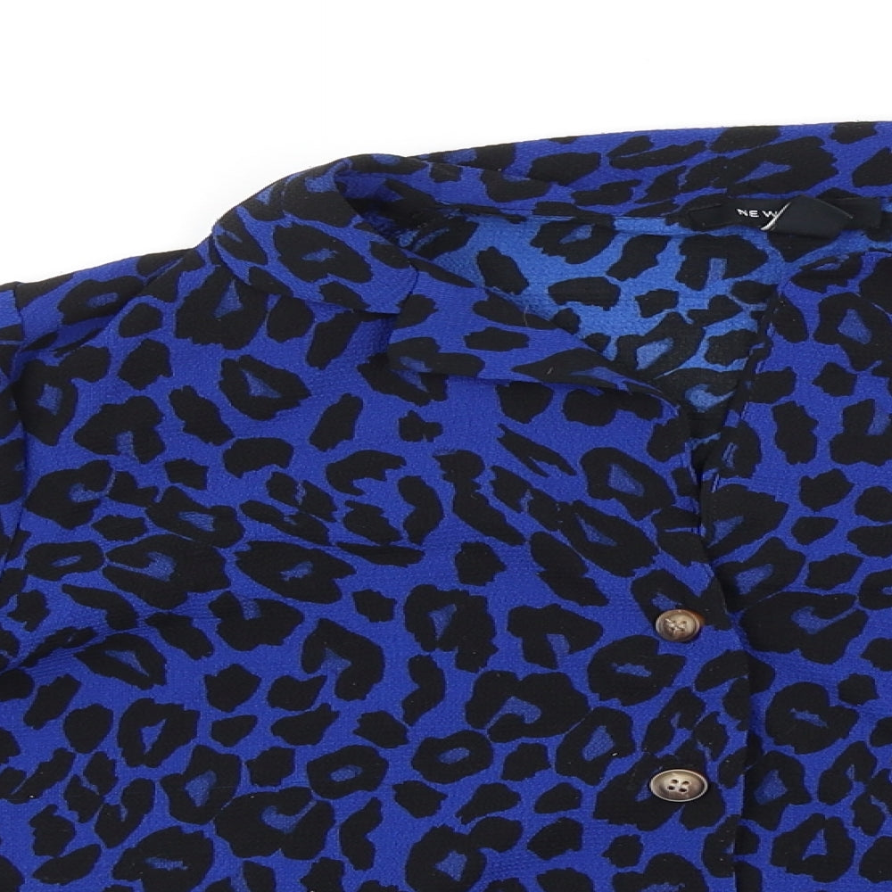 New Look Womens Blue Animal Print Polyester Basic Button-Up Size 10 Collared - Leopard print