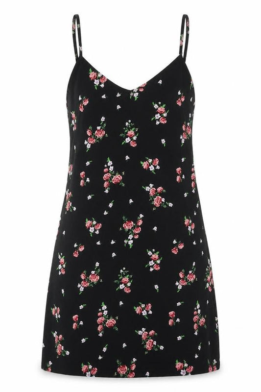 H&M Womens Black Floral Polyester Tank Dress Size 4 V-Neck Pullover