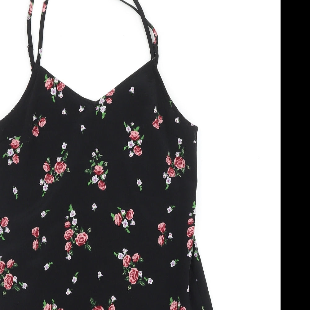 H&M Womens Black Floral Polyester Tank Dress Size 4 V-Neck Pullover