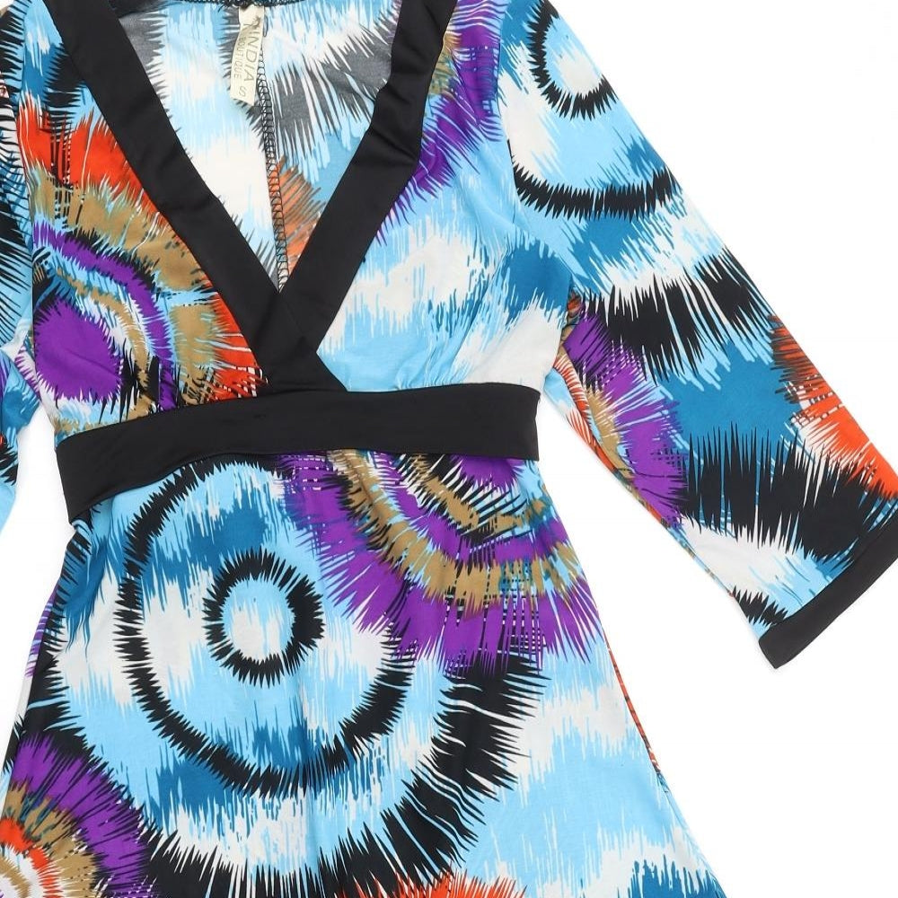 India Boutique Womens Multicoloured Geometric Viscose Fit & Flare Size S V-Neck Tie