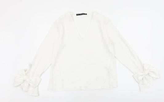 Zara Womens White Polyester Basic Blouse Size XS V-Neck