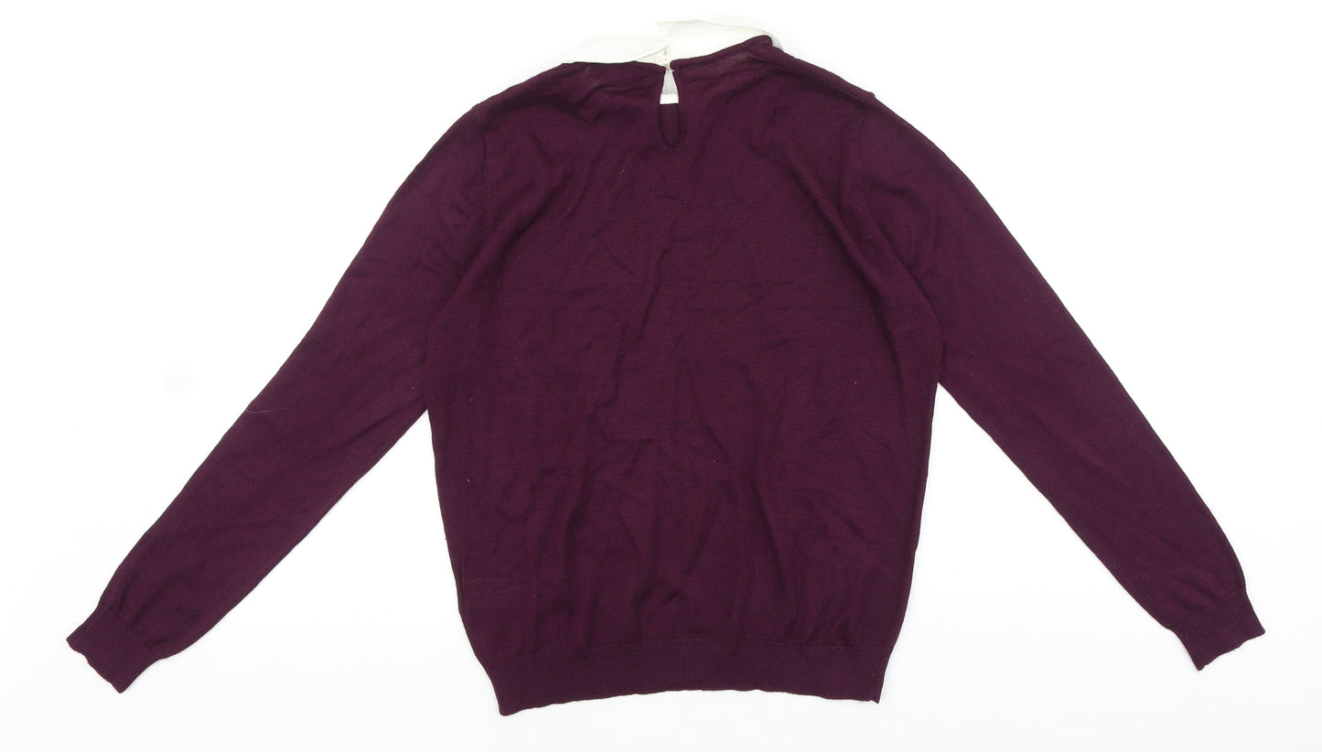 R Edition Womens Purple Collared Cotton Pullover Jumper Size S