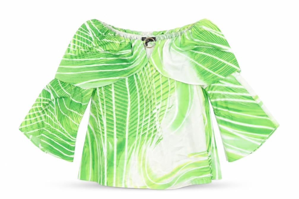 Star Womens Green Geometric Polyester Basic Blouse Size 10 Boat Neck - Flute Sleeve