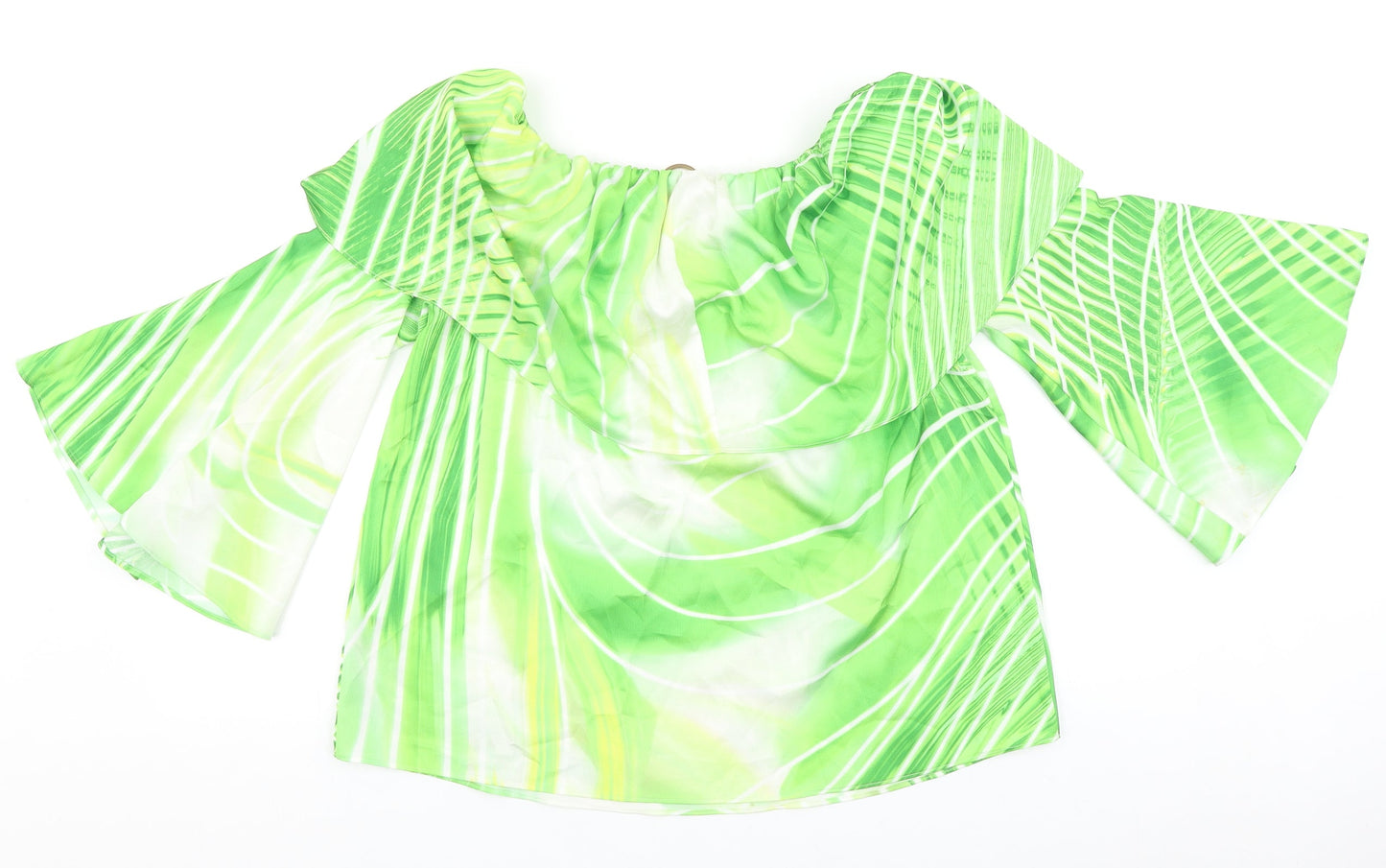 Star Womens Green Geometric Polyester Basic Blouse Size 10 Boat Neck - Flute Sleeve