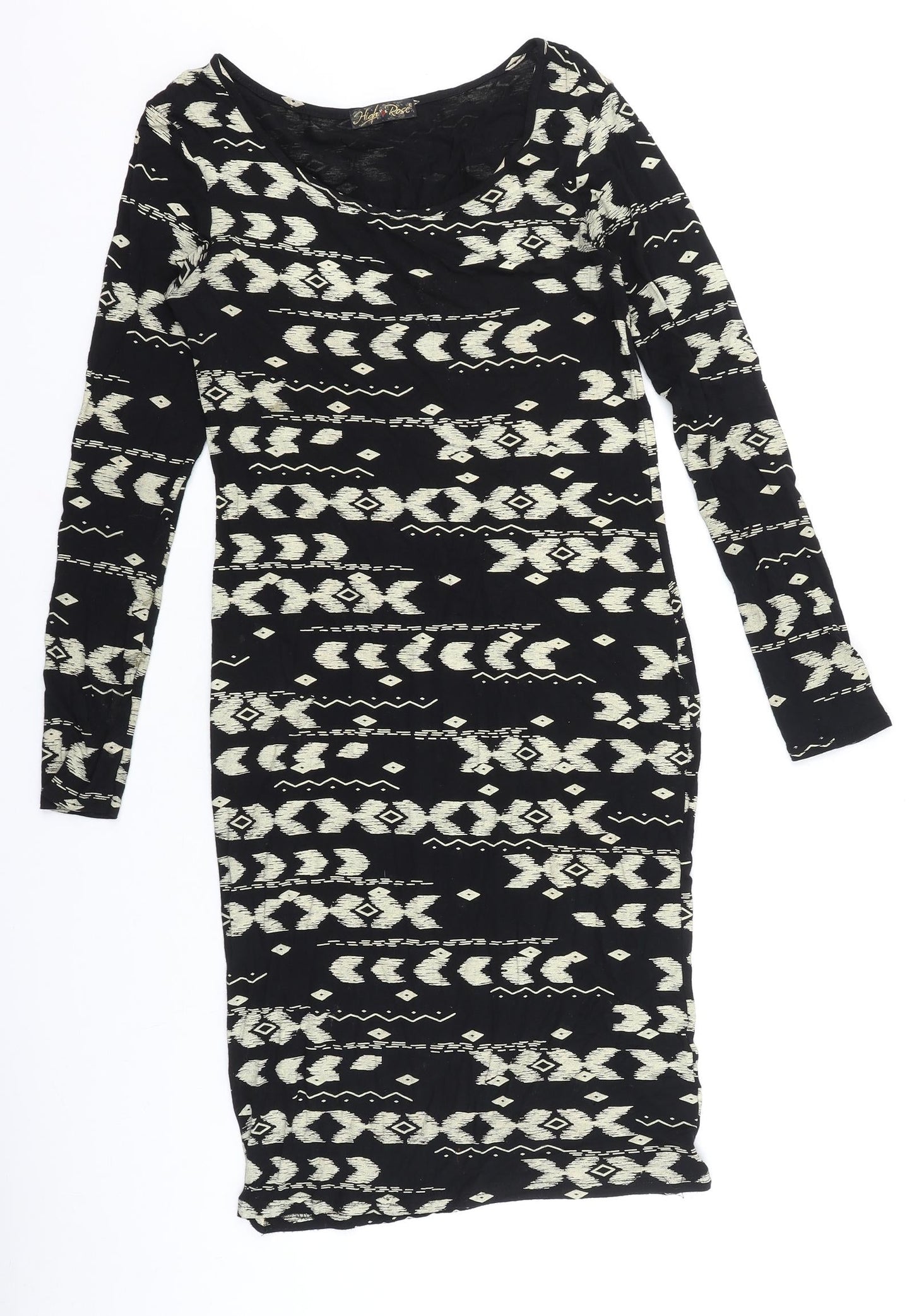 High Rose Womens Black Geometric Viscose Bodycon Size S Scoop Neck Pullover