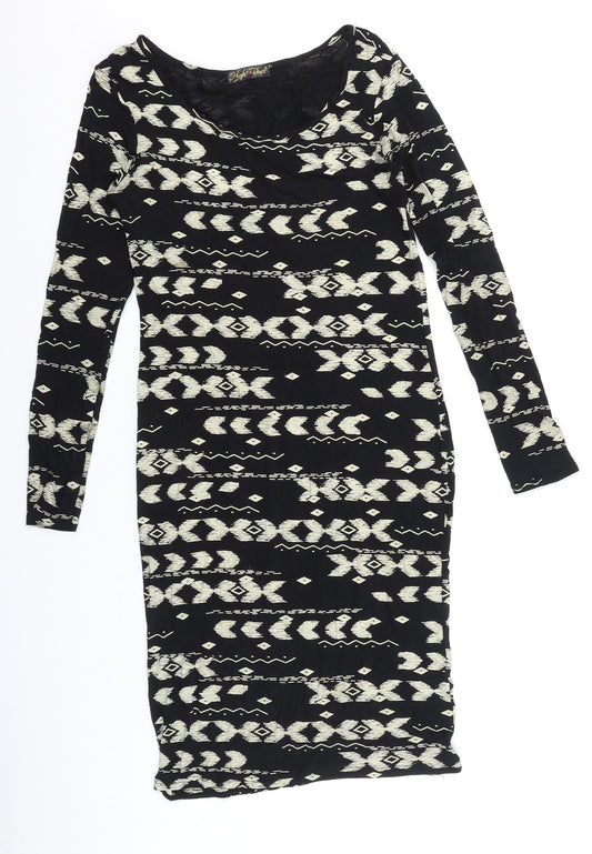 High Rose Womens Black Geometric Viscose Bodycon Size S Scoop Neck Pullover