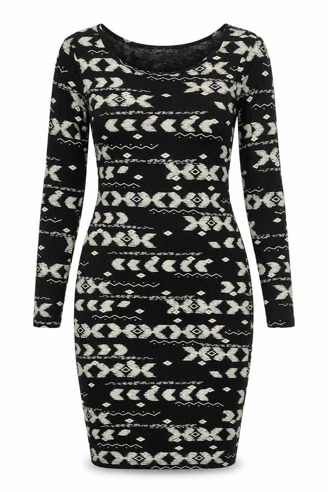 High Rose Womens Black Geometric Viscose Bodycon Size S Scoop Neck Pullover