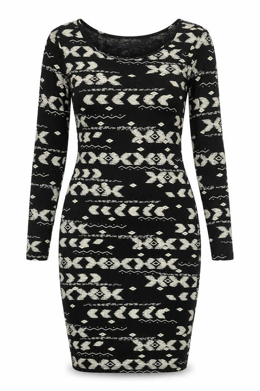 High Rose Womens Black Geometric Viscose Bodycon Size S Scoop Neck Pullover