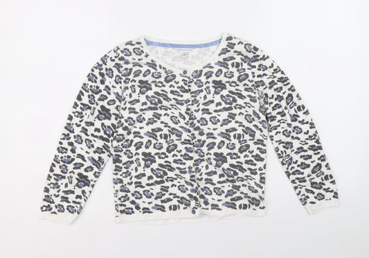 Marks and Spencer Womens White Round Neck Animal Print Acrylic Cardigan Jumper Size 8 - Leopard Print