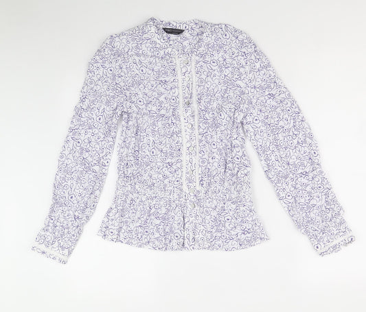 Marks and Spencer Womens White Floral Viscose Basic Button-Up Size 8 Round Neck