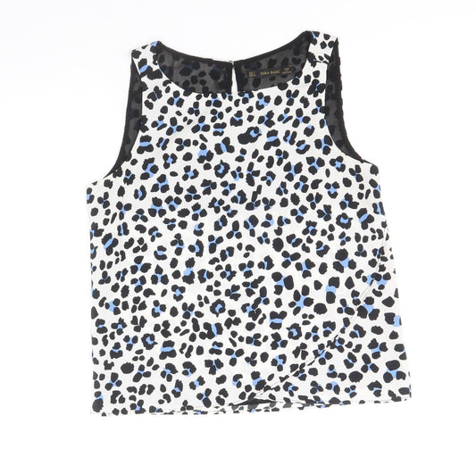 Zara Womens White Animal Print Polyester Basic Blouse Size S Scoop Neck