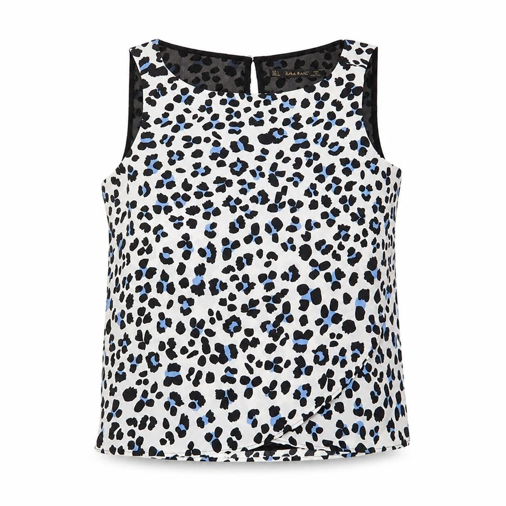 Zara Womens White Animal Print Polyester Basic Blouse Size S Scoop Neck