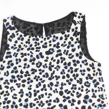 Zara Womens White Animal Print Polyester Basic Blouse Size S Scoop Neck