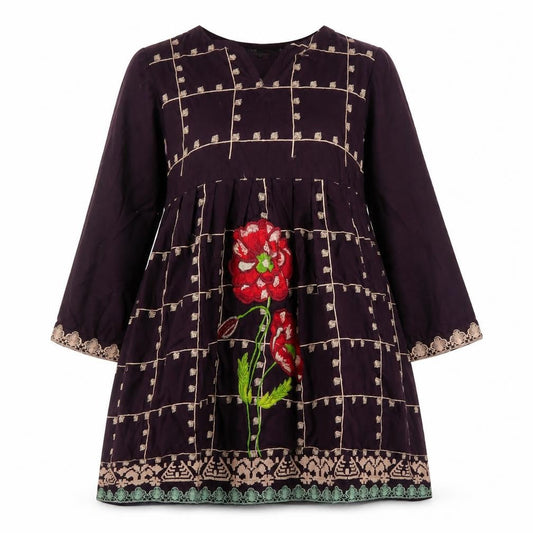 Designer Womens Purple Geometric Cotton Fit & Flare Size L Round Neck Pullover - Flower Detail