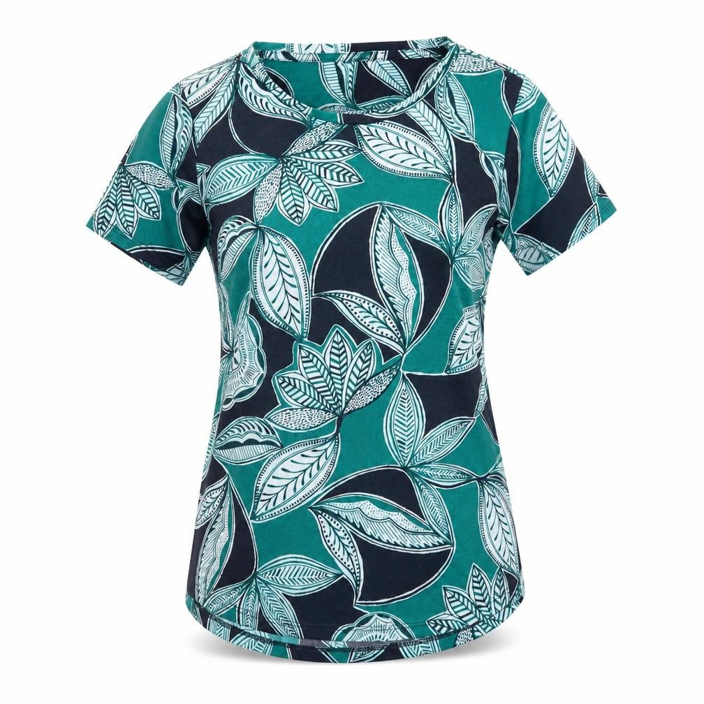 Marks & Spencer Womens Green Geometric Polyester Basic T-Shirt Size 8 Scoop Neck - Leaf Print