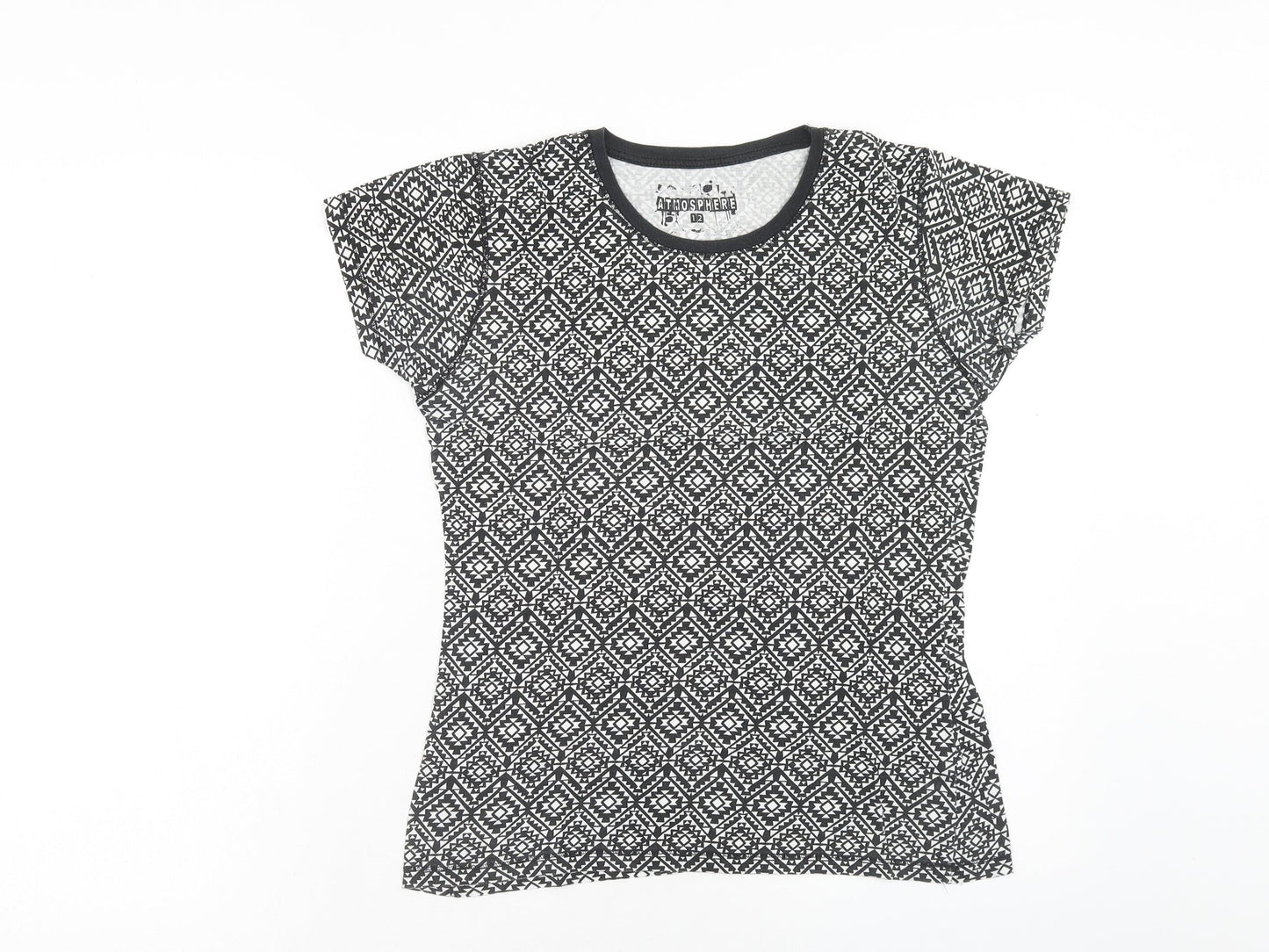 Atmosphere Womens Black Geometric Cotton Basic T-Shirt Size 12 Scoop Neck