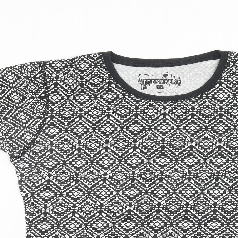 Atmosphere Womens Black Geometric Cotton Basic T-Shirt Size 12 Scoop Neck