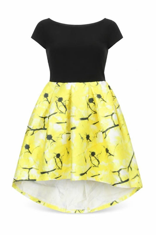 Lucy Wang Womens Yellow Geometric Polyester Skater Dress Size L Round Neck Zip