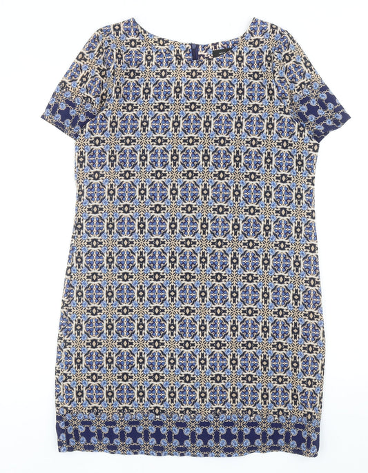 New Look Womens Blue Geometric Polyester A-Line Size 12 Round Neck Zip