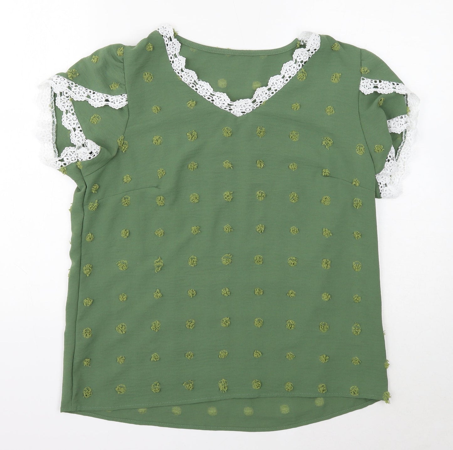 Grefit Womens Green Geometric Polyester Basic Blouse Size L V-Neck