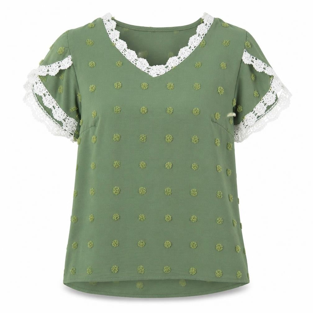 Grefit Womens Green Geometric Polyester Basic Blouse Size L V-Neck