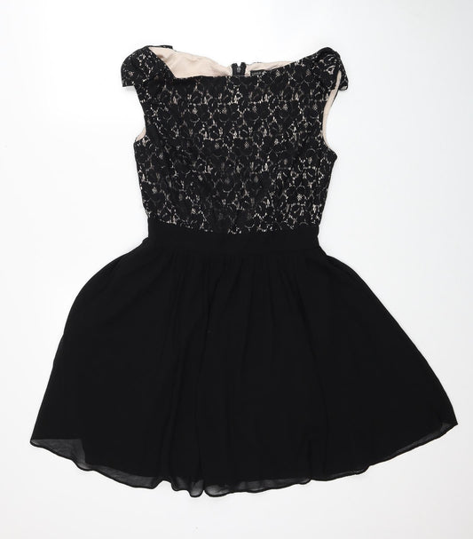 Little Mistress London Womens Black Cotton Fit & Flare Size 10 Off the Shoulder Zip - Lace Bodice